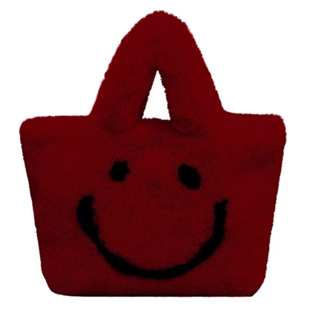 Faux Fur Y2k Plush Smiley Bag W/ Chain - Burgundy